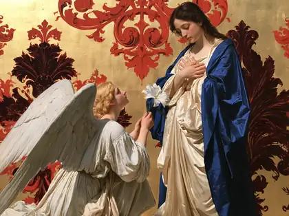 The Angel's Message amid Crimson Scrollwork – Bouguereau-Inspired Academic Art · Landscape