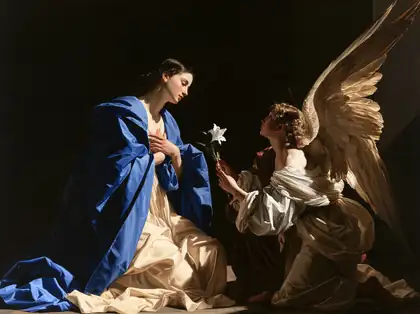 Annunciation beneath a Low Beam of Sacred Light – Caravaggio-Inspired Tenebrist Art · Landscape