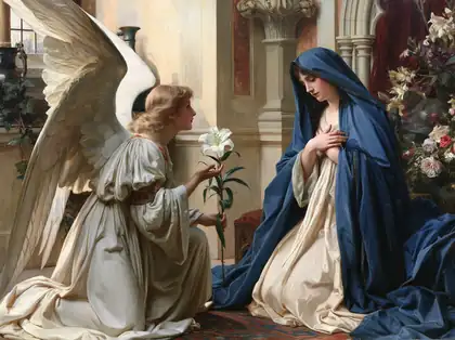 Annunciation in the Open Loggia of Flowers – Bouguereau-Inspired Academic Art · Landscape
