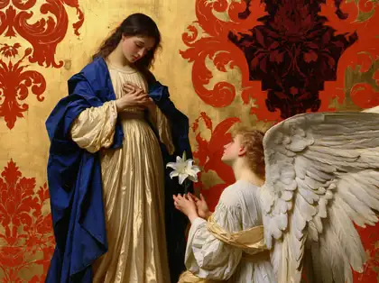 Annunciation against Red and Gold Damask – Bouguereau-Inspired Academic Art · Landscape