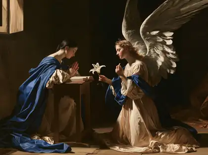 The Lily between Mary and Gabriel – Caravaggio-Inspired Tenebrist Art · Landscape