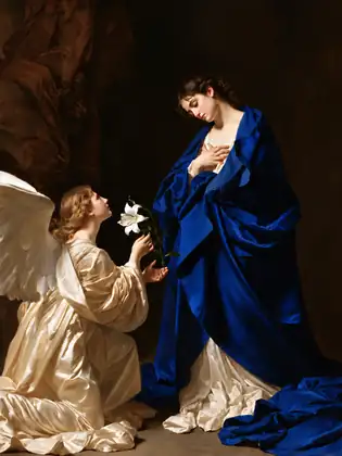 Mary and Gabriel beneath Deep Shadow – Caravaggio-Inspired Tenebrist Art · Portrait