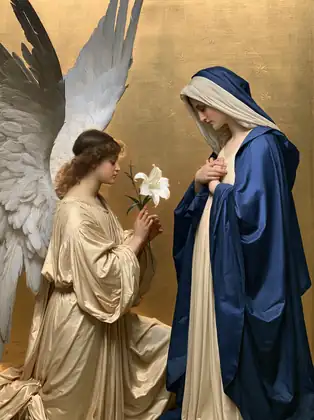 Mary Listening against the Golden Ground – Bouguereau-Inspired Academic Art · Portrait