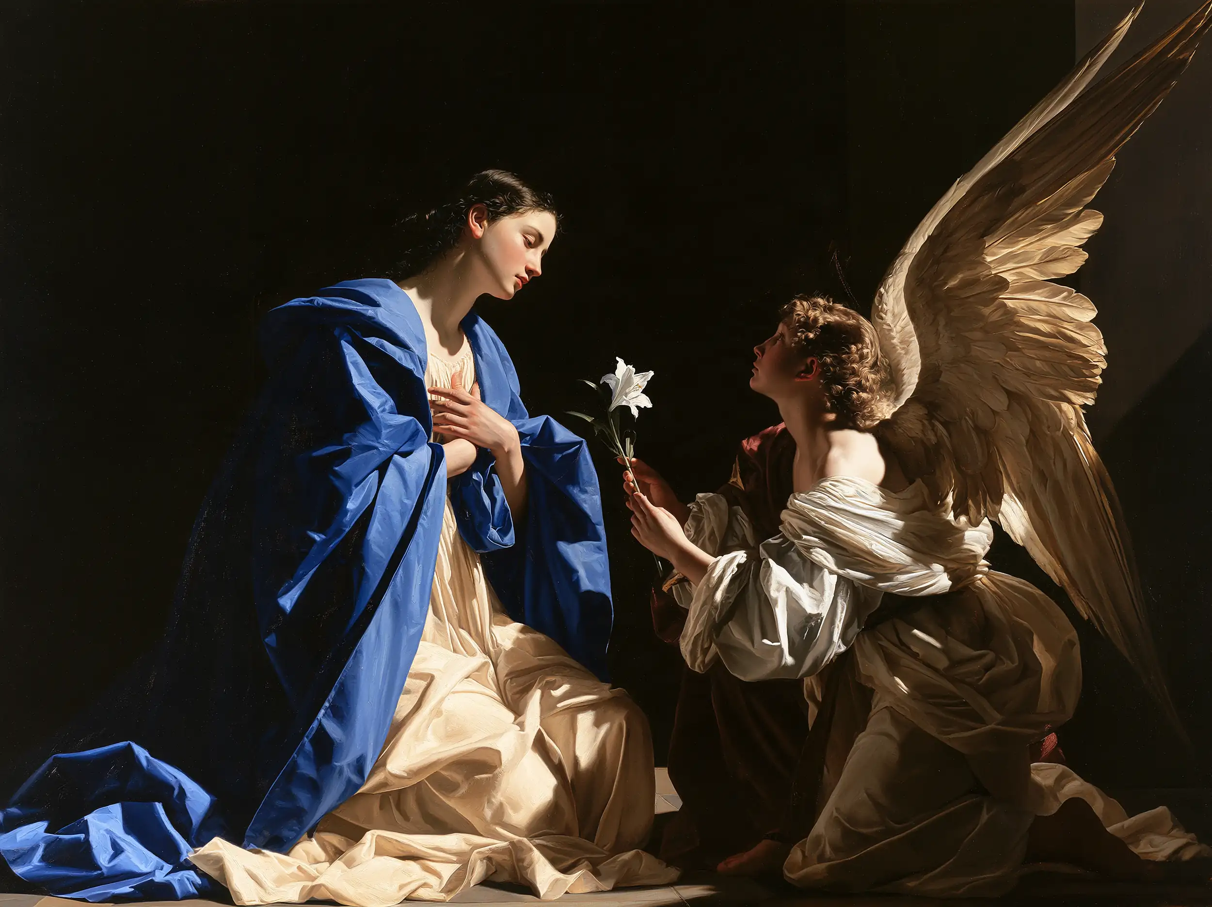 Annunciation beneath a Low Beam of Sacred Light – Caravaggio-Inspired Tenebrist Art · Landscape
