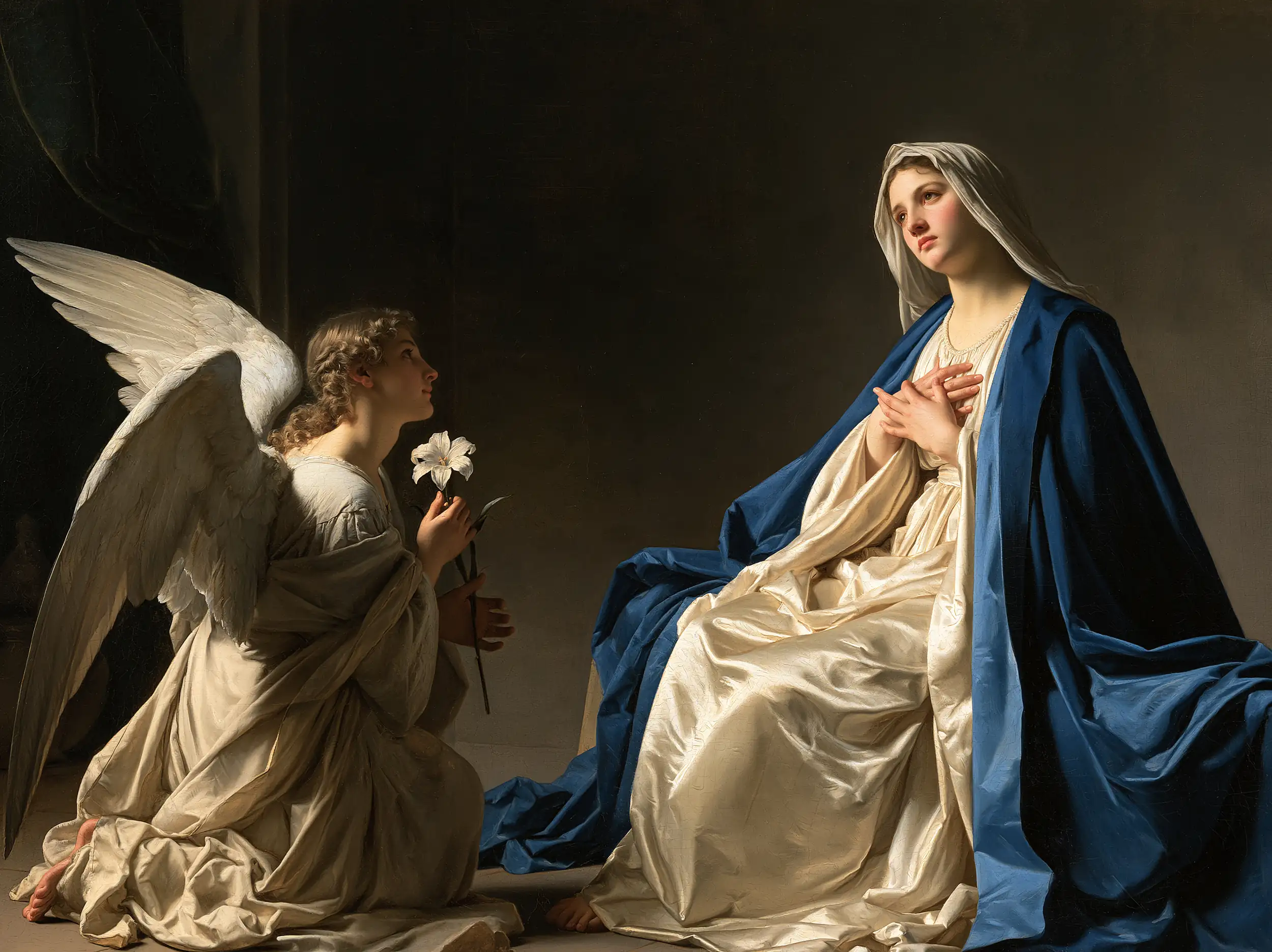 Gabriel before Mary in Still Shadow – Caravaggio-Inspired Tenebrist Art · Landscape