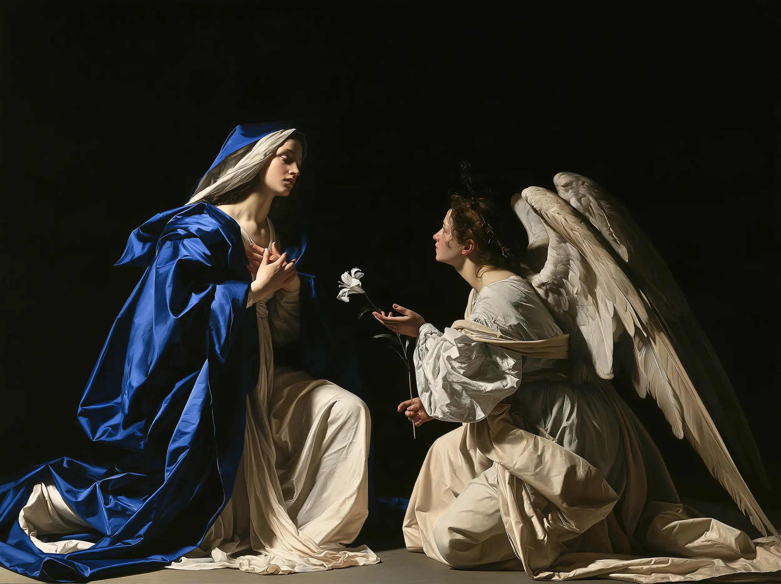 Gabriel's Message in Sapphire Shadow – Caravaggio-Inspired Tenebrist Art · Landscape