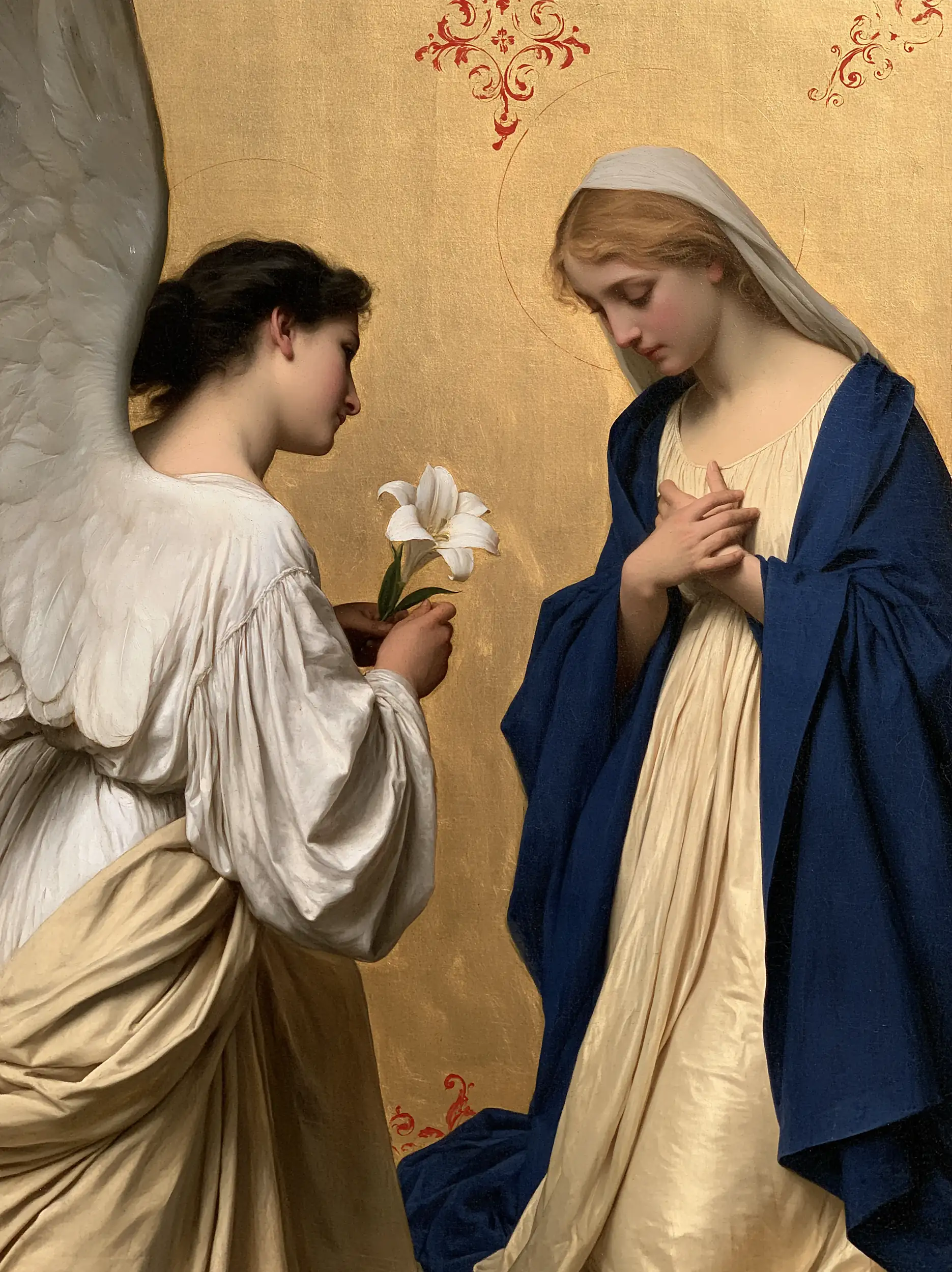 Gentle Annunciation before the Golden Wall – Bouguereau-Inspired Academic Art · Portrait