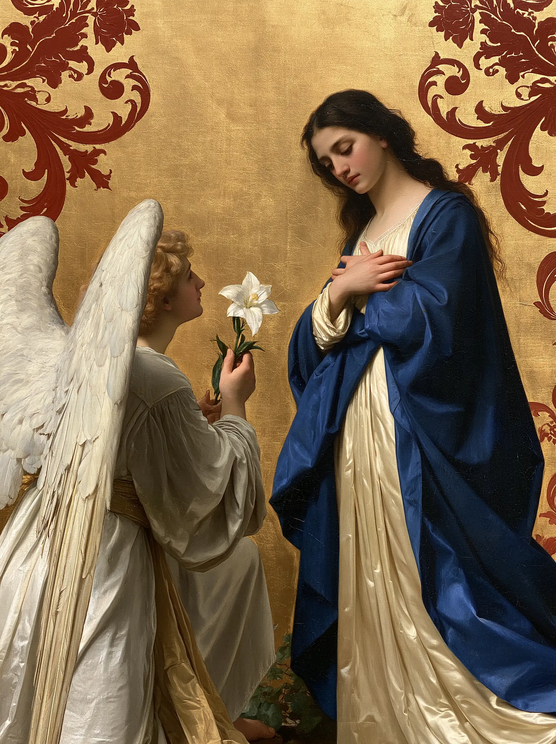 Mary beneath the Crimson Damask Veil – Bouguereau-Inspired Academic Art · Portrait