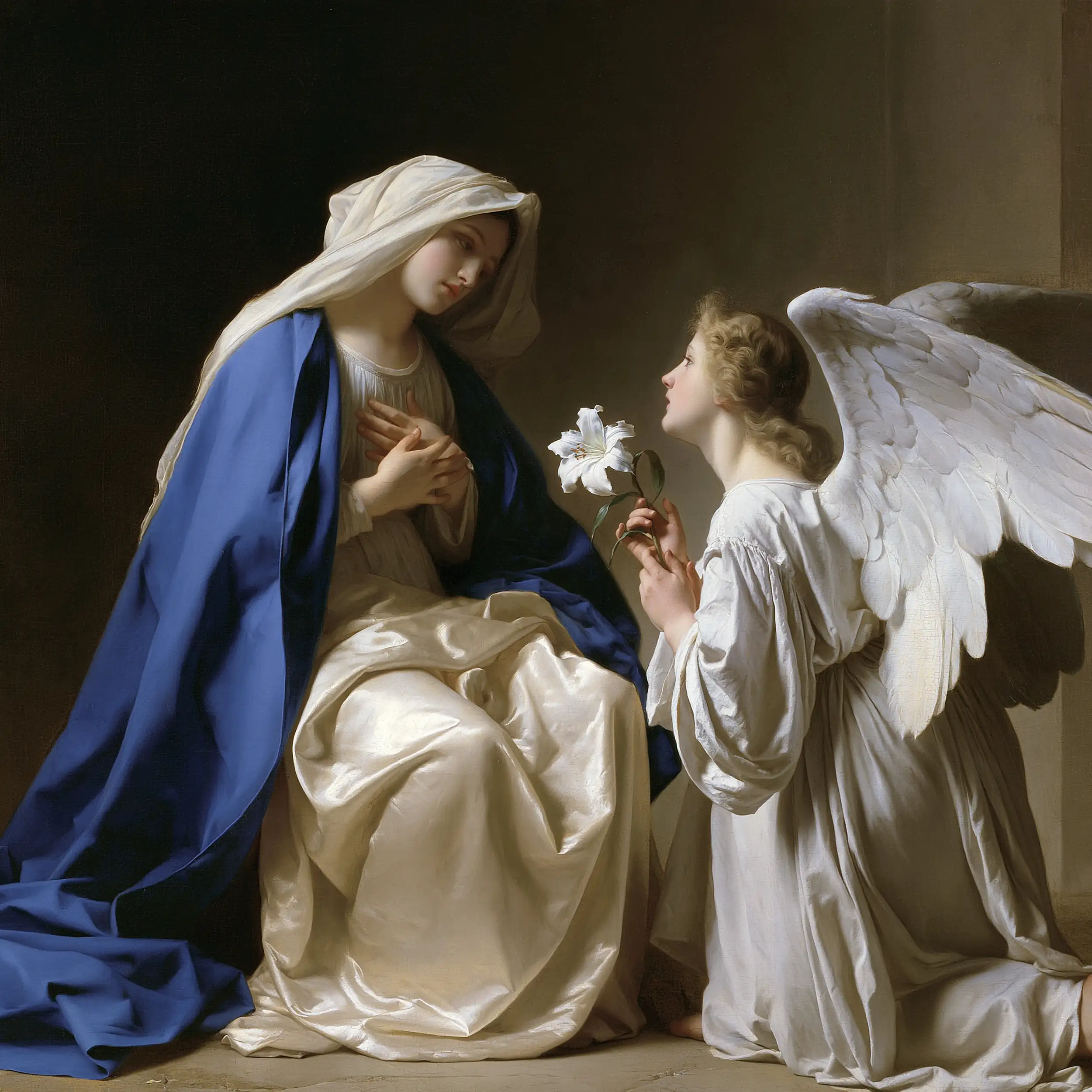 Mary Seated beside the Tenebrist Lily – Caravaggio-Inspired Tenebrist Art · Square