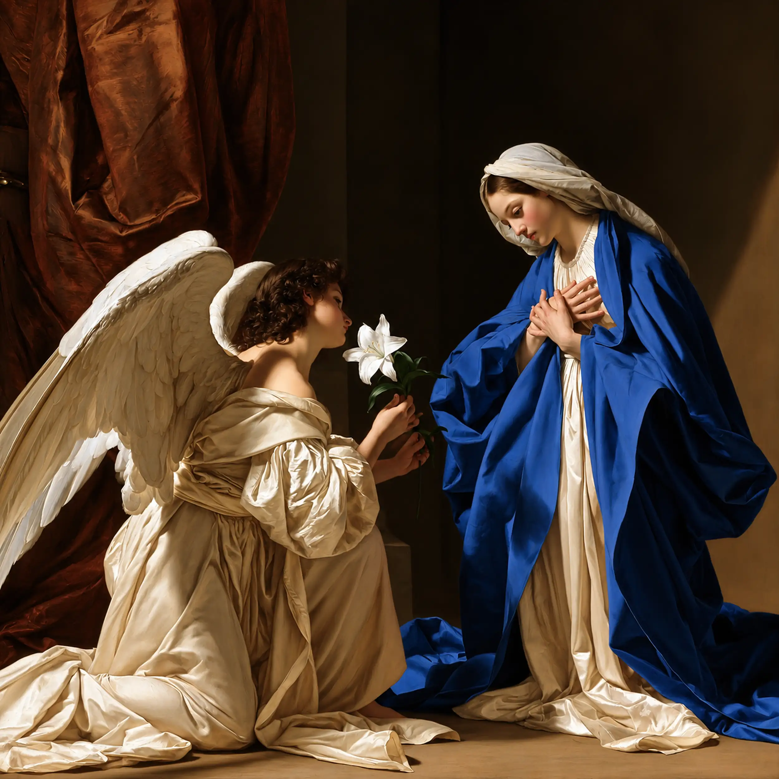 White Lily before Mary in the Shadowed Room – Caravaggio-Inspired Tenebrist Art · Square