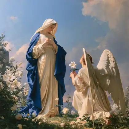 Mary and Gabriel among Silver Lilies – Bouguereau-Inspired Academic Art · Square