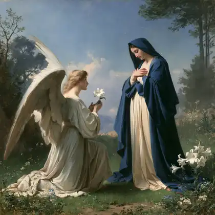 Mary and Gabriel in the Soft Blue Grove – Bouguereau-Inspired Academic Art · Square