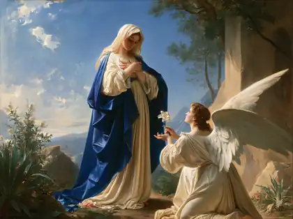 Mary's Reply beside the Sunlit Garden Wall – Bouguereau-Inspired Academic Art · Landscape