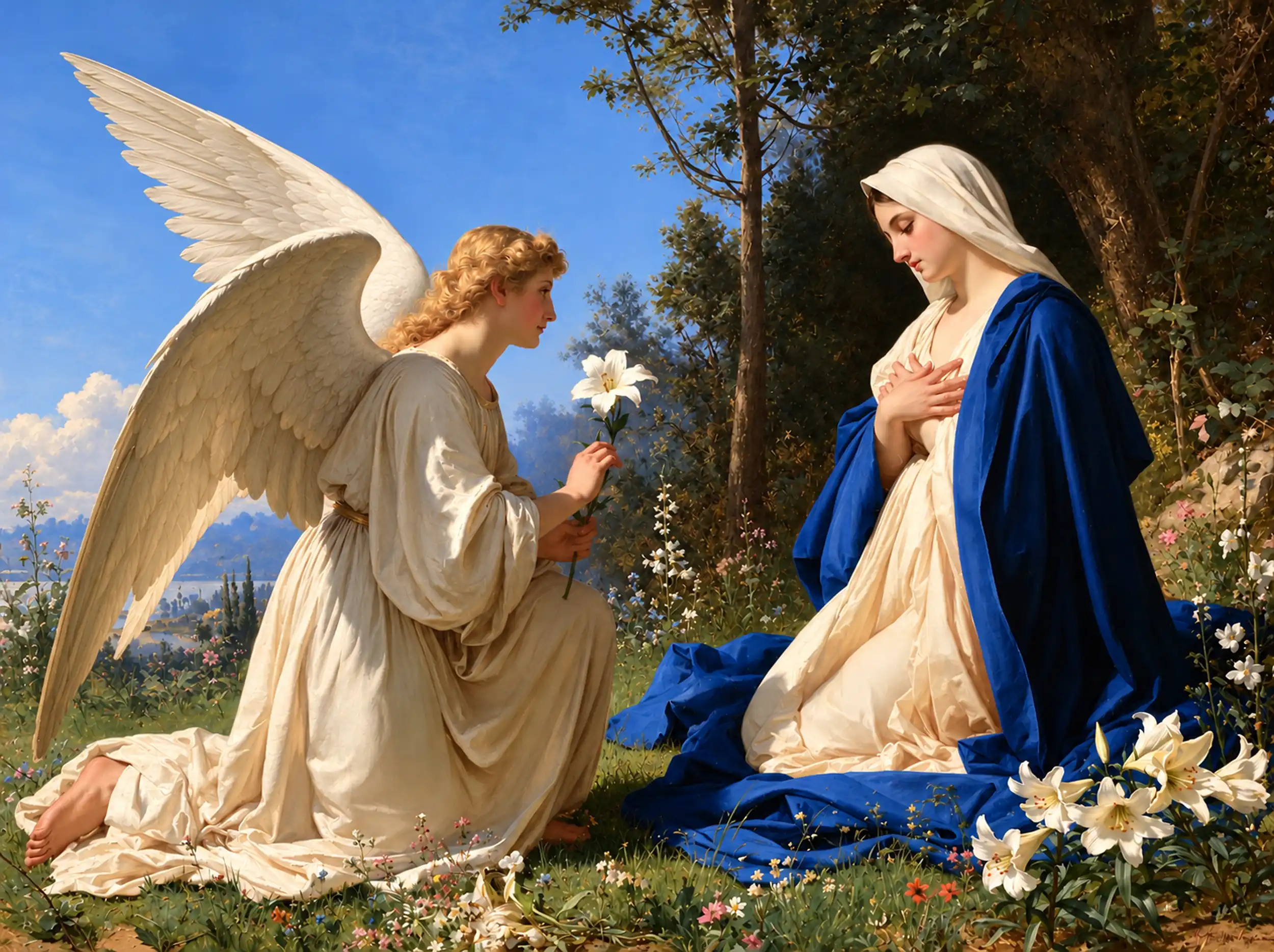 The Annunciation beneath the Tall White Wing – Bouguereau-Inspired Academic Art · Landscape