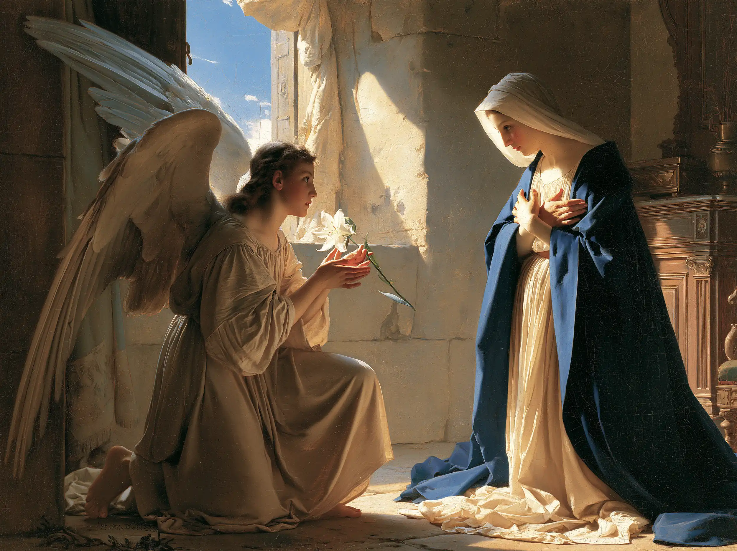 The Annunciation at the Stone Threshold – Bouguereau-Inspired Academic Art · Landscape