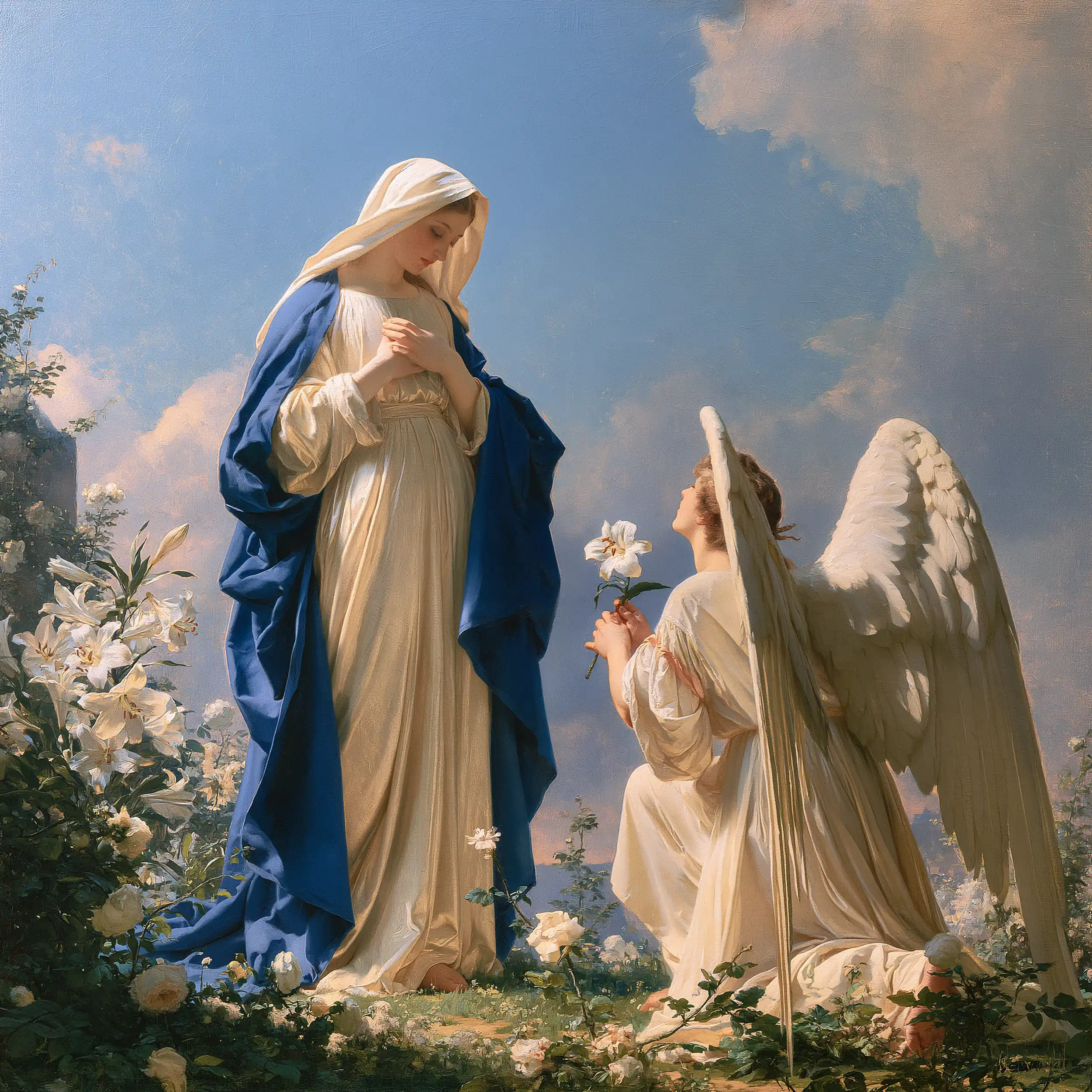 Mary and Gabriel among Silver Lilies – Bouguereau-Inspired Academic Art · Square