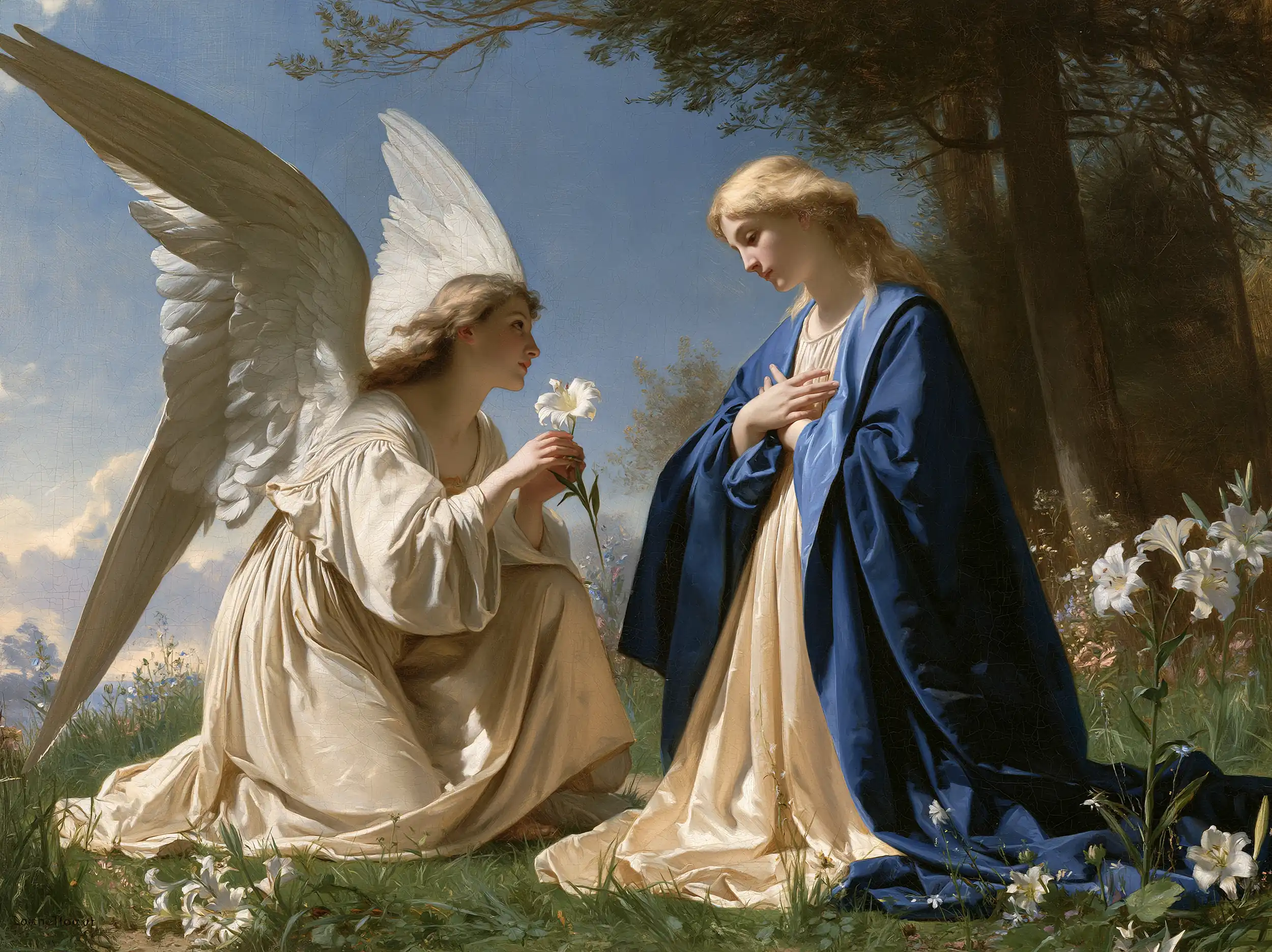 Gabriel's White Lily at the Woodland Edge – Bouguereau-Inspired Academic Art · Landscape