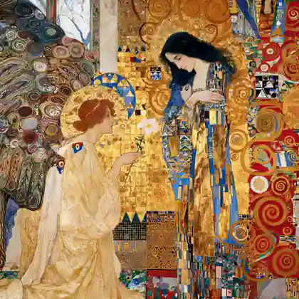 Annunciation beneath Peacock-Gold Arches – Golden Secession Art · Square