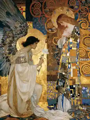 Gabriel Kneeling beneath Peacock Wings – Golden Secession Art · Portrait