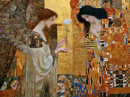 Mary and Gabriel before the Spiral Tapestry – Golden Secession Art · Landscape