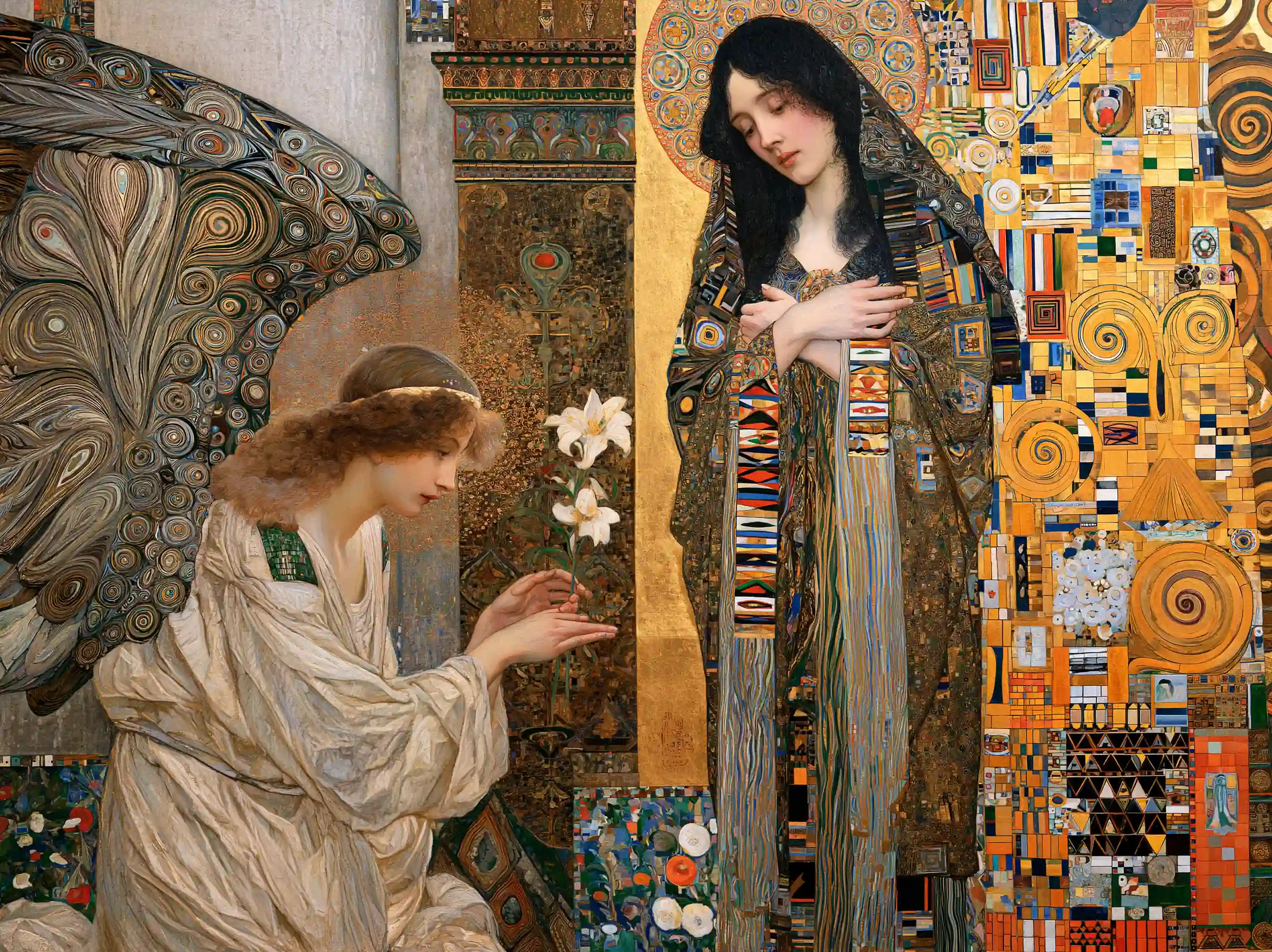 Annunciation with White Lilies and Peacock Gold – Golden Secession Art · Landscape