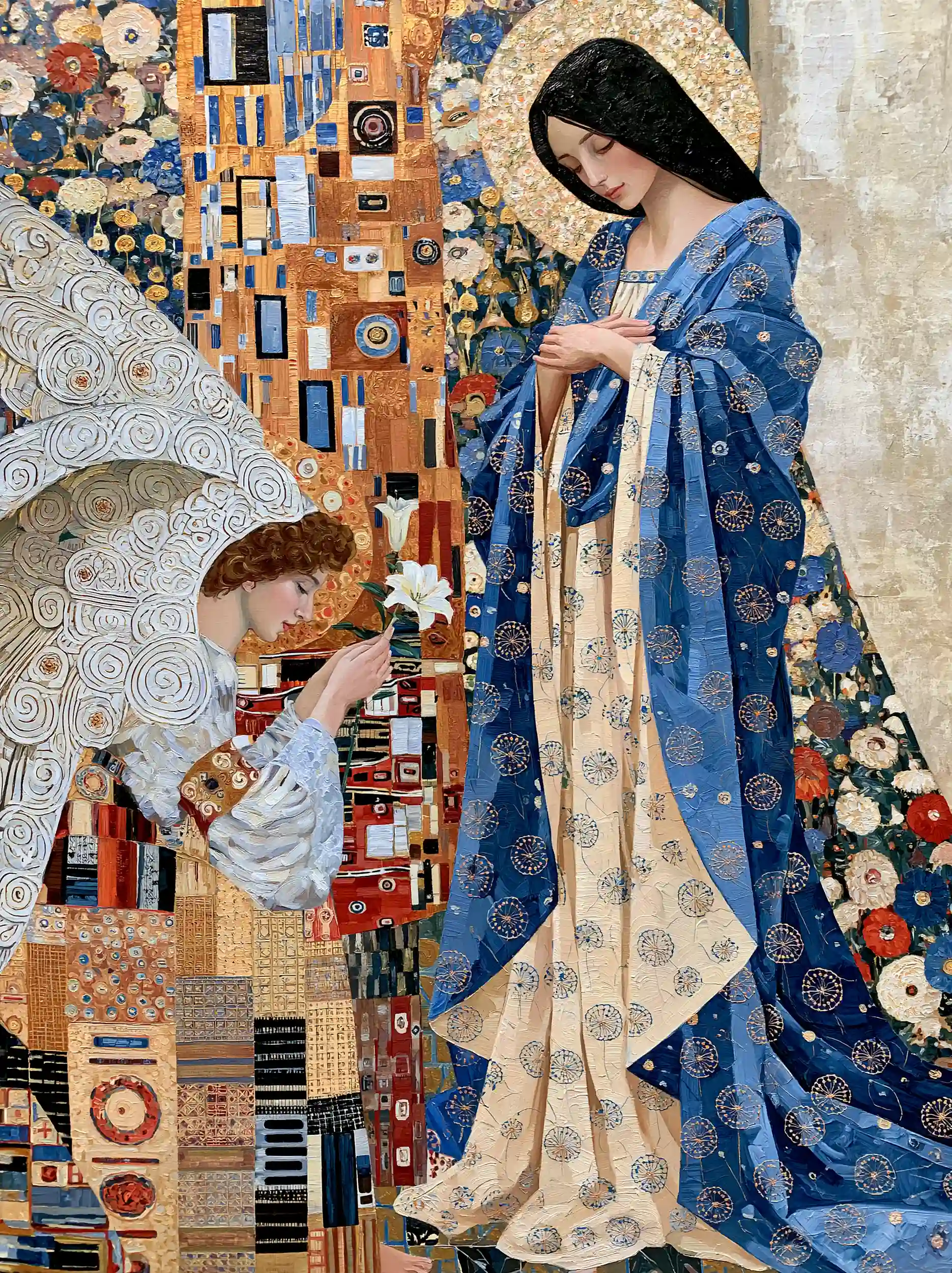 Mary in Blue before the Bowing Angel – Golden Secession Art · Portrait