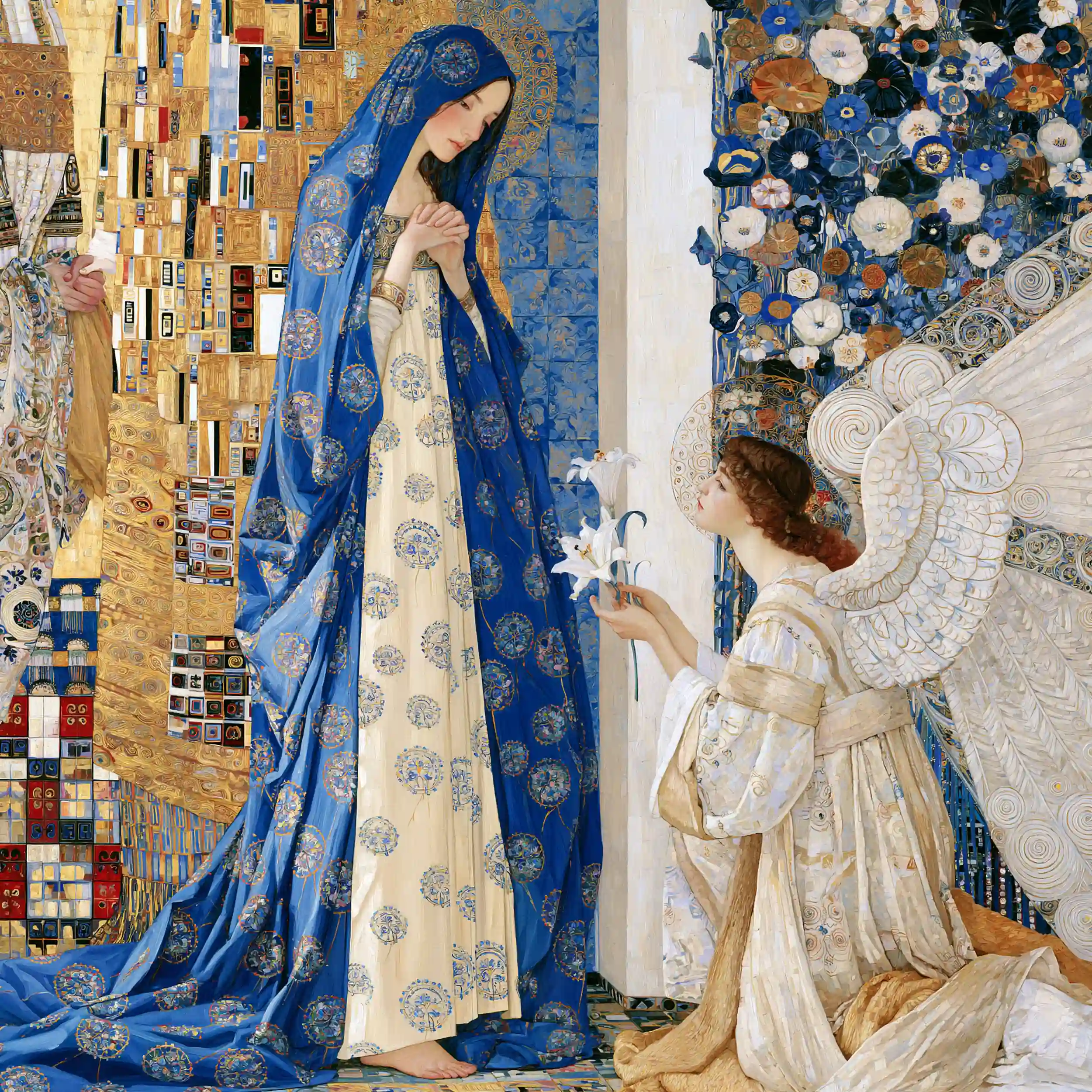 Mary and Gabriel in a Blue-Gold Mosaic – Golden Secession Art · Square