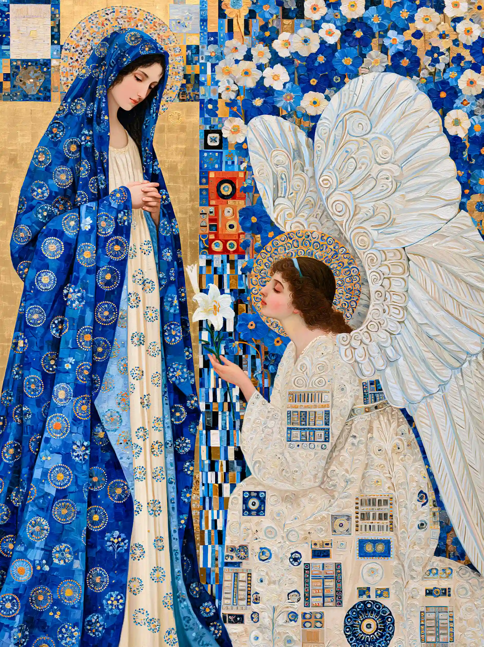Virgin Mary in Blue and Gold Prayer – Golden Secession Art · Portrait